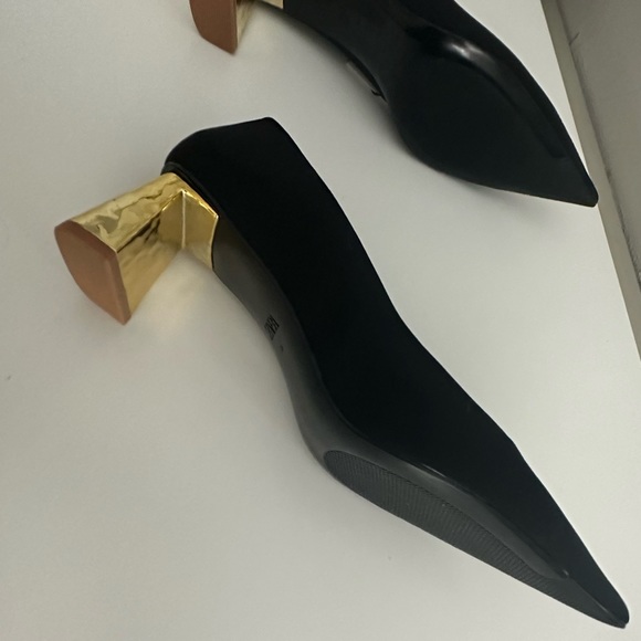 Zara Black Satin Heels With Metallic Gold Block Heel - Picture 7 of 11
